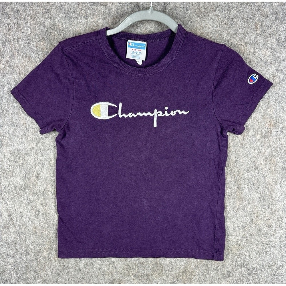 Champion Script Logo T Shirt Womens Medium Purple Embroidered Crop Tee